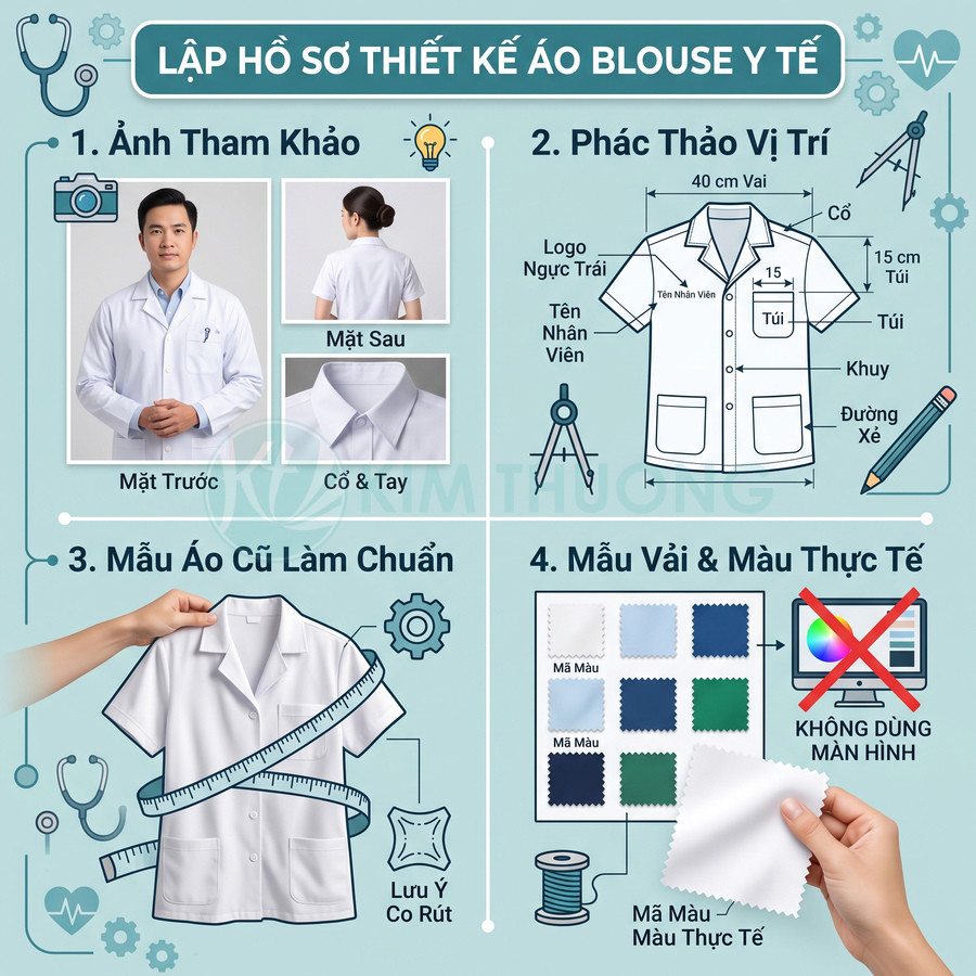 Quy trình thiết kế áo blouse y tế với ảnh mẫu, bản vẽ vị trí logo túi, áo mẫu cũ và bảng màu vải thực tế